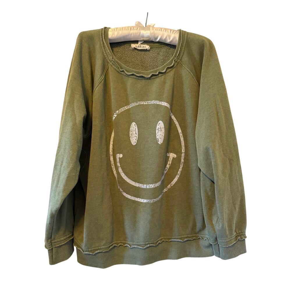 La Biz Smiley Face Crewneck Oversized Sweatshirt in Olive, OS
